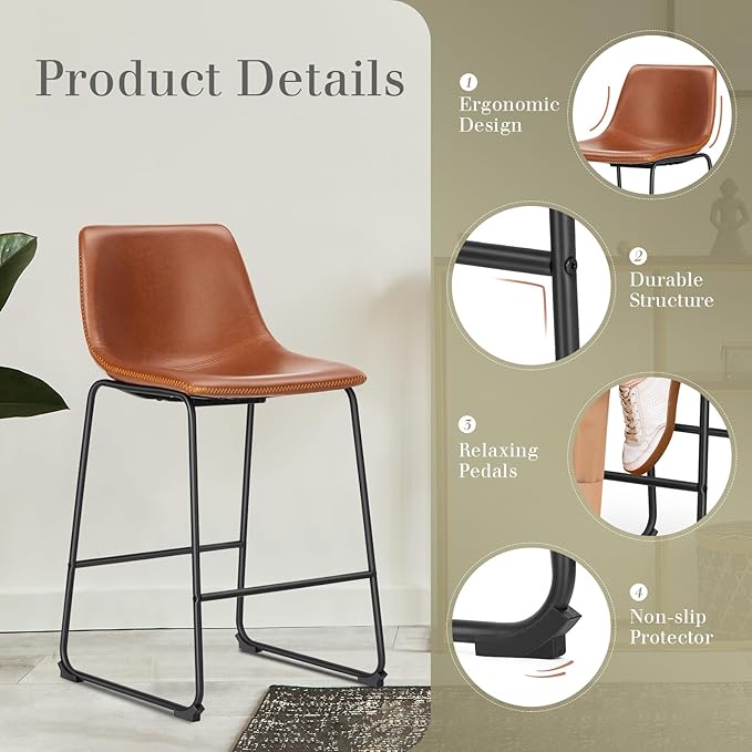 DUMOS 26 Inch Counter Height Bar Stools Set of 2, Modern Faux Leather High Barstools with Back and Metal Leg, Bar Chairs for Kitchen lsland, Brown