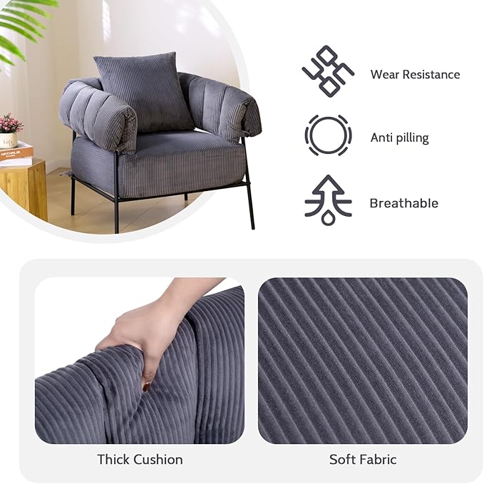 HollyHOME Modern Velvet Accent Chair, Upholstered Comfy Reading Chair, Fabric Large Lazy Arm Chair with Soft Cushion, Metal Frame Lounge Sofa Chair for Living Room, Bedroom, Balcony,Dark Grey