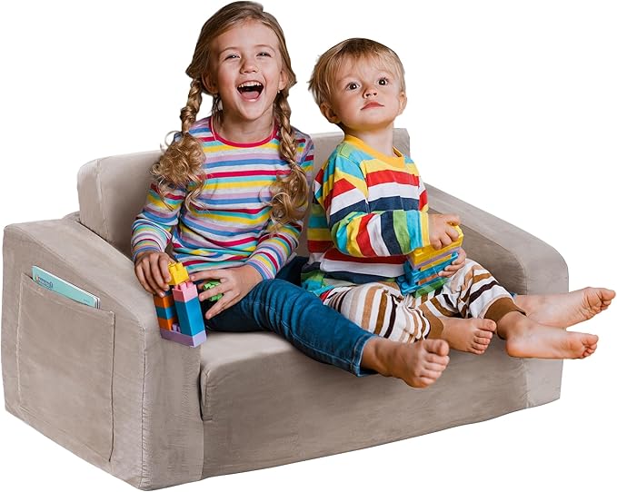 Kids Couch, Extra Wide 2-in-1 Toddler Sofa Convertible Fold Out to Lounger Bed for Girls and Boys, Apricot