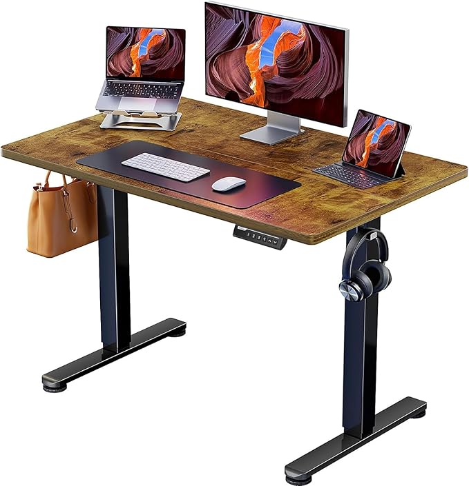 ErGear Height Adjustable Electric Standing Desk, 40 x 24 Inches Sit Stand up Desk, Small Memory Computer Home Office Desk with Two-Piece Desktop (Vintage Brown)