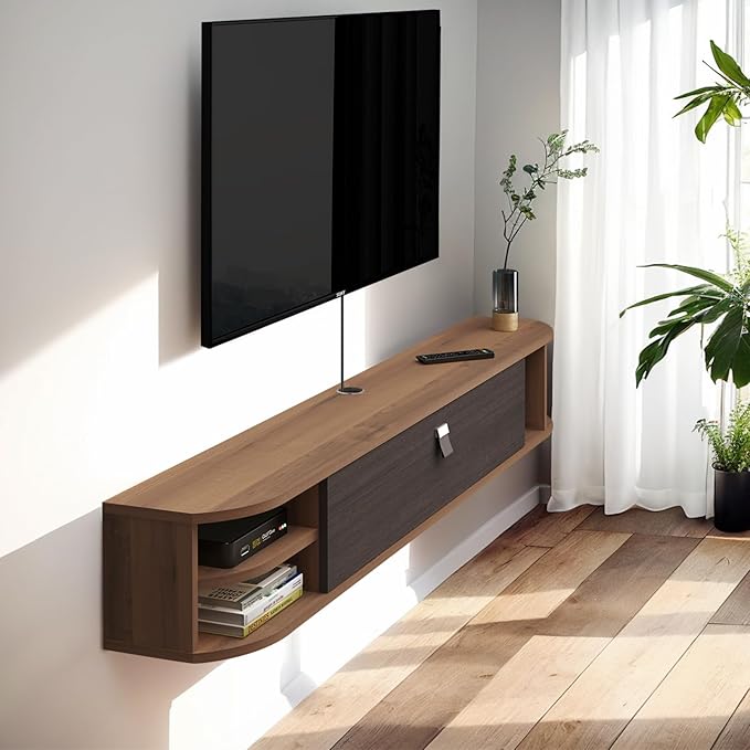 Pmnianhua Modern TV Console, 47'' Wall Mounted Under TV Shelf with Storage Shelves for Bedroom Living Room (Walnut)
