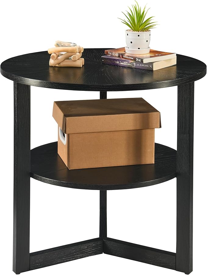 Large Round End Table with Storage Shelf, Rustic Beside Tables with Umbrella Top,Traditional Circular Sofa Side Table, 25.2”D Telephone Table for Living Room Easy Assembly Brushed Black CJZ3338BK