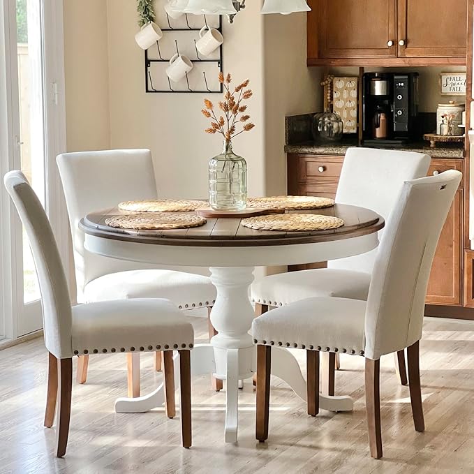 COLAMY Upholstered Fabric Dining Chairs Set of 6, High Back Padded Chairs w/Nailed Trim & Solid Wood Legs, Classic Parsons Chairs Side Chair for Home/Kitchen/Living Room-Beige (A420-BEIGE-6pcs)