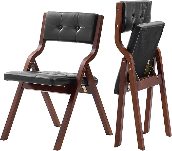VEVOR Wooden Folding Chairs with Leather Cushion, Set of 2, Portable Foldable Cushion Chair with Wooden Frame, Easy Assembly, Modern Leather Padded Dining Chair for Office, Wedding, Party, Home, Black