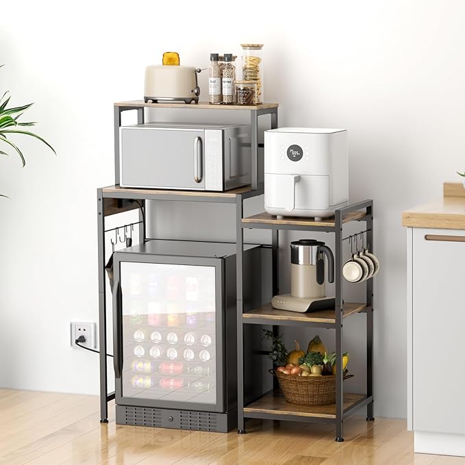 Mini Fridge Cabinet with Storage Shelves, Microwave Stand with Power Outlet, Coffee Bar Cabinet with Mini Fridge Space, Utility Storage Shelf for Home Kitchen Dorm Office