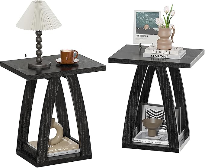 End Tables Living Room, Side Table Beside Sofa, Nightstand for Bedroom, Couch Side Table with Shelf, Modern End Table for Living Room, Black End Table Set of 2
