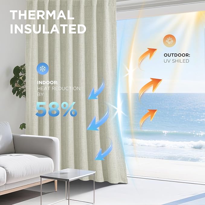 Joydeco 100% Blackout Curtains for Bedroom - Natural Linen Curtains 52" W x 90" L Long, Thermal Insulated 2 Panels Light Beige. Room Darkening Light Blocking Drapes for Living Room