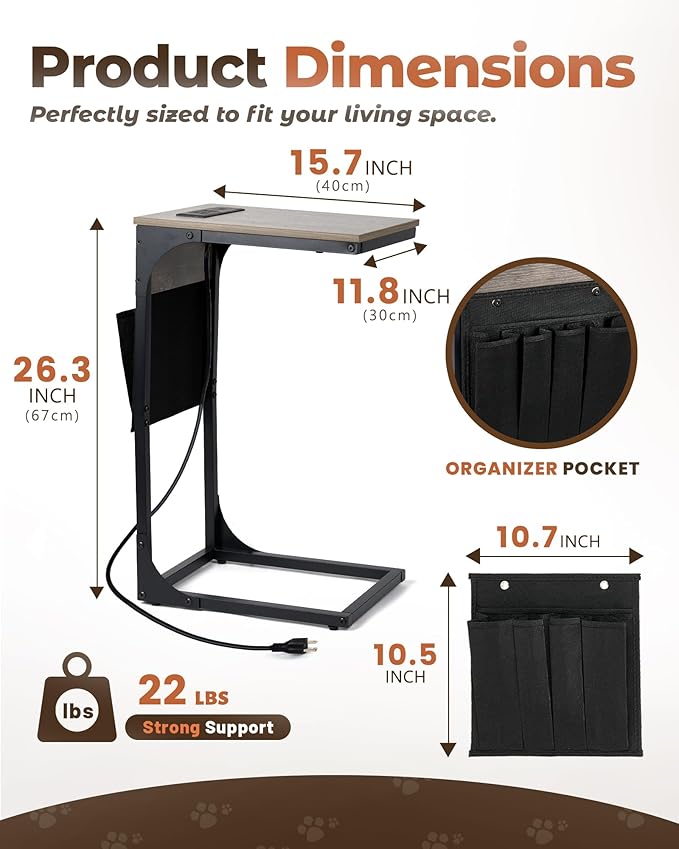 C Shaped End Table with Charging Station, Couch Side Table with Storage Pocket, Slide Under Couch Sofa Table Tray, Greige