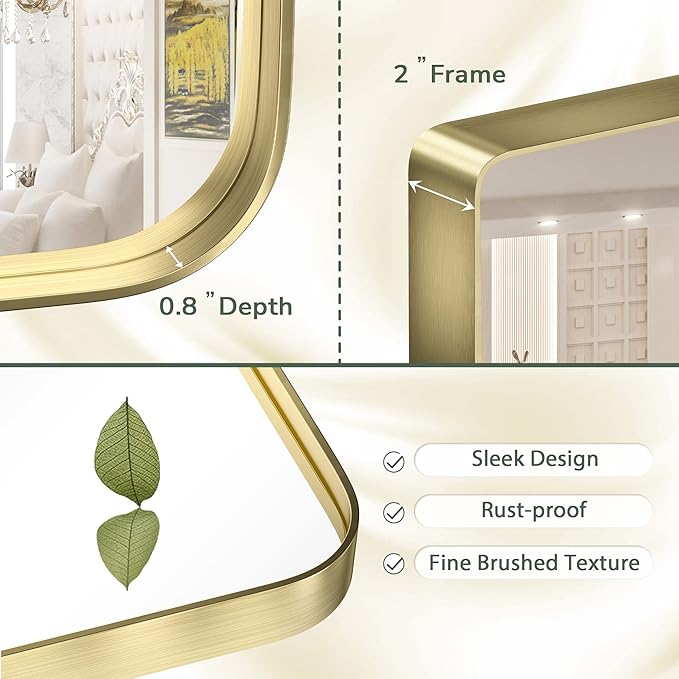 TokeShimi 20 x 30 Inch Gold Bathroom Wall Mirror Vanity Metal Frame Round Corner Rectangular for Home Decor Living Room Entryway (Horizontal/Vertical)