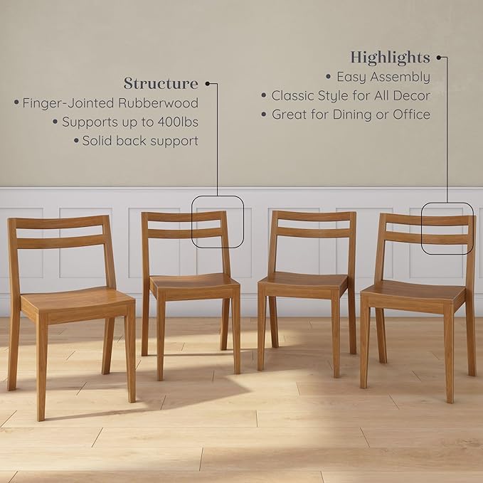 Grain & Grove Davie Dining Room Chairs Set of 4, Solid Wood Modern Kitchen Chair for Living Room, Kitchen, Pecan