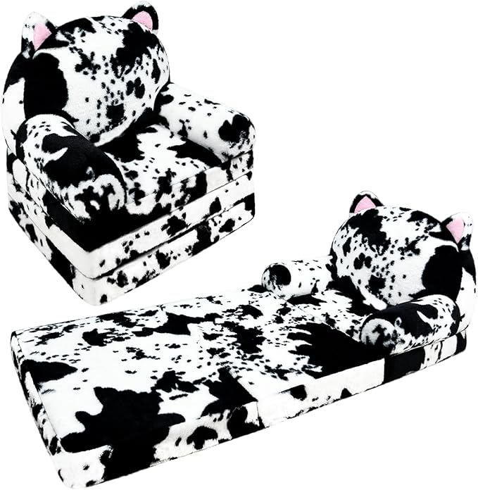 Toddler Chair with Faux Rabbit Fur – 2-in-1 Foldable Kids Couch, Soft Sofa for Reading, Napping, Bedroom or Playroom Use, 18 Months+ （Cow & Cat）