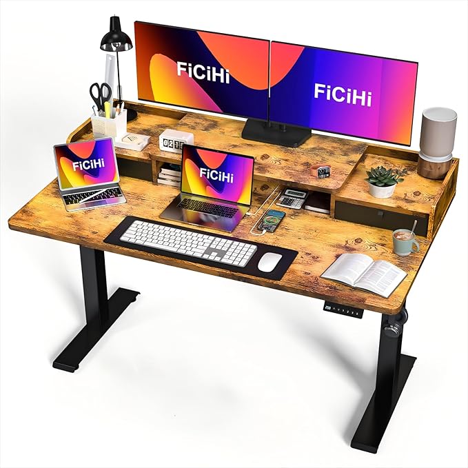 48x30 Inch Electric Standing Desk with Drawers & Widen Desktop, Thickened Desk Frame, Adjustable Height Sit Stand Up Table, Home Office Computer Desk with Cable Management, Rustic Brown