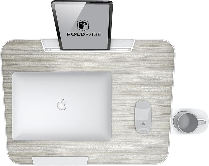 FoldWise Upgraded Folding TV Tray Table - Extra Large & Sturdy Laptop Table for Couch, Height & Angle Adjustable Desk for Dinner, Work & TV - Includes Footrest, Cup Holder, iPad Holder & Edge Stopper