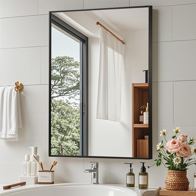 Black Bathroom Mirror, 22"x30" Rectangle Mirror, Matte Black Mirror, Metal Frame Square Corner Vanity Mirror, Wall Mounted Mirror for Modern, Living Room, Bedroom, Horizontal Or Vertical