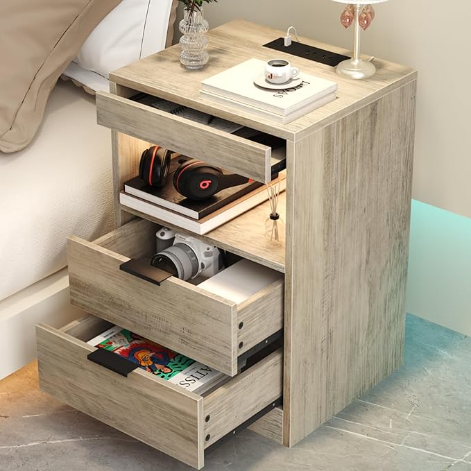 Gadroad LED Nightstand with Charging Station, Bedside Table with 3 Drawers and LED Lights, End Table Sofa Couch Side Table with Pull-Out Shelf, Grey