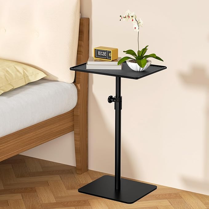 RCHYFEED Metal End Table, Height Adjustable Side Tables Living Room, Small Side Table for Small Spaces with Matte Black Tray, Square Drink Coffee Tables Sofa Table for Bedroom, Sofa Tray Table Indoor