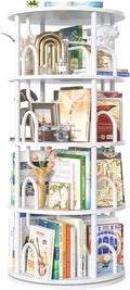 Aheaplus 4 Tier Rotating Bookshelf Tower, 360 Display Spinning Bookcase, Revolving Round Book Shelf Narrow Swivel Bookshelf, Vertical Turning Spiral Corner Book Organizer for Small Space, White