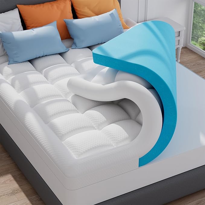 ELEMUSE King Size Dual Layer 3 Inch Memory Foam Mattress Topper, 2 Inch Cooling Gel Memory Foam and 1 Inch Thick Soft Pillow Top Mattress Pad Cover for Back Pain Relief, Bed Topper for Side Sleep
