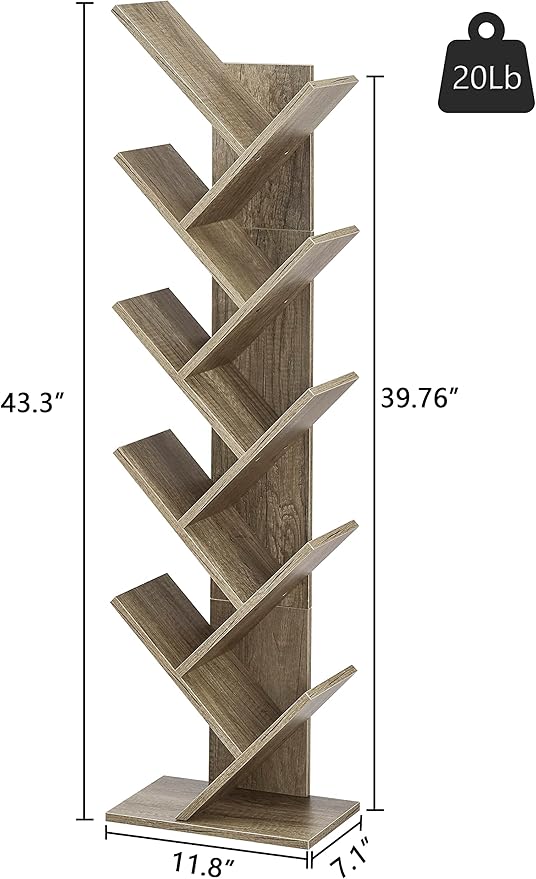 Hoctieon 10 Tier Tree Bookshelf, 10 Shelf Bookcase, Free Standing Tree Bookcase, Display Floor Standing Shelf for Books, Book Organizer Shelves for Home Office, Living Room, Bedroom, Greige