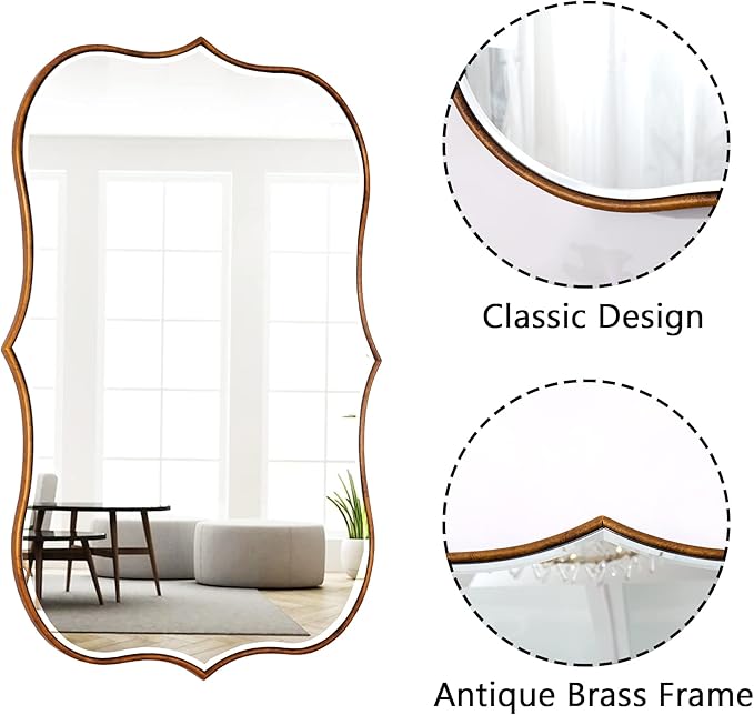 SHYFOY Antique Gold Mirrors for Wall Decor Decorative Wall Mirror Large 25" L x 36" W, Asymmetrical Wavy Accent Mirror with Scalloped Wood Frame, Bronze Farmhouse Traditional Mirror