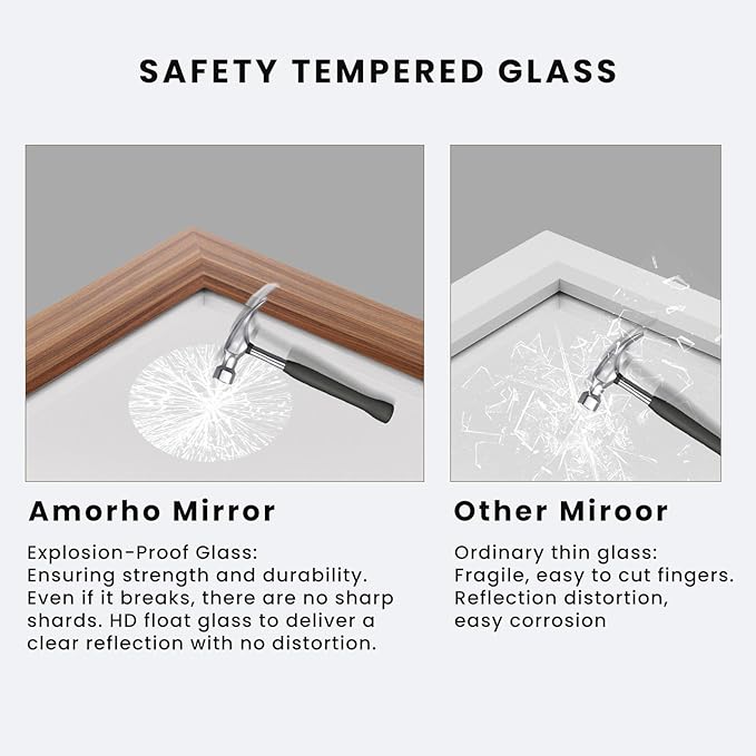 Amorho 24x36 Inch Bathroom Mirror for Wall, Walnut Wood Grain Metal Framed Mirror, Anti-Rust, Hang Horizontally/Vertically, Suitable for Bedroom, Farmhouse, Bathroom, Decorative