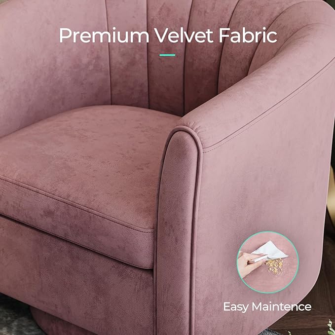 LINSY Swivel Accent Chair Ottoman Set: Velvet Small Barrel Chair with Foot Rest, Modern Reading Chair Upholstered Armchair with Footrest for Living Room Bedroom Study Room Office (Pink)