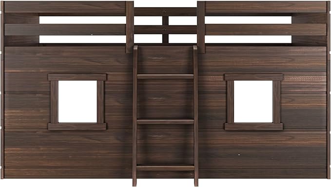 Max & Lily Modern Farmhouse Twin Low Loft Bed with Two Windows - Solid Wood, 15” Guardrails, 400-lb Capacity, Low-VOC Finish, Barnwood Brown