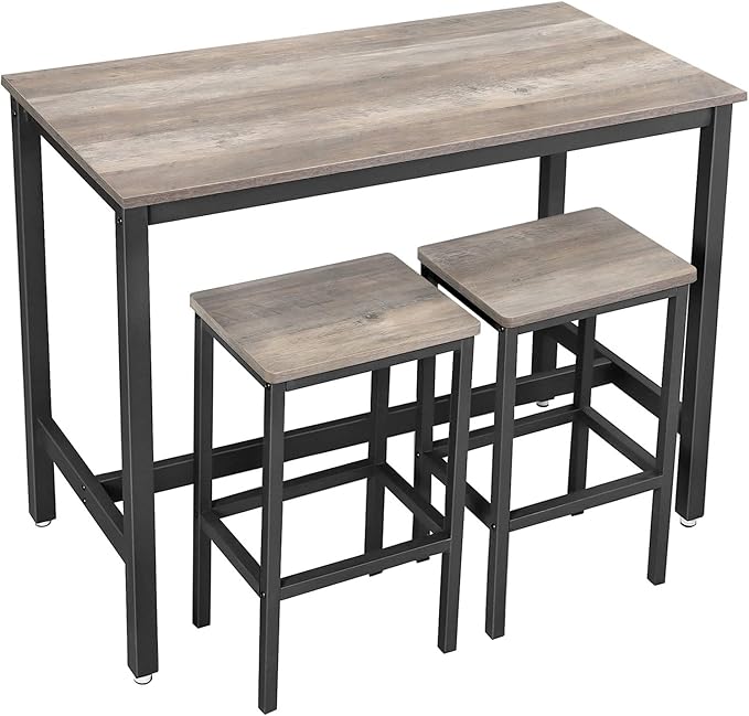 VASAGLE Bar Table Set, Bar Table with 2 Bar Stools, Dining table set, Kitchen Counter with Bar Chairs, Industrial for Kitchen, Living Room, Party Room, Greige and Black ULBT015B02
