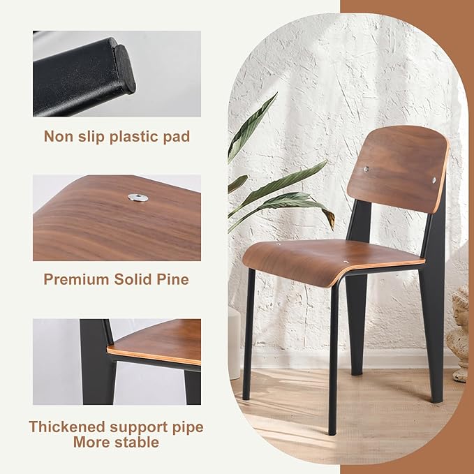 LOKKHAN Dining Chairs, Vintage Wood Metal Home Kitchen Breakfast Cafe Chairs, Backrest Stool, Study Chair, Modern Commercial Conference Restaurant Chairs, Walnut Seat-2-Pcs Set
