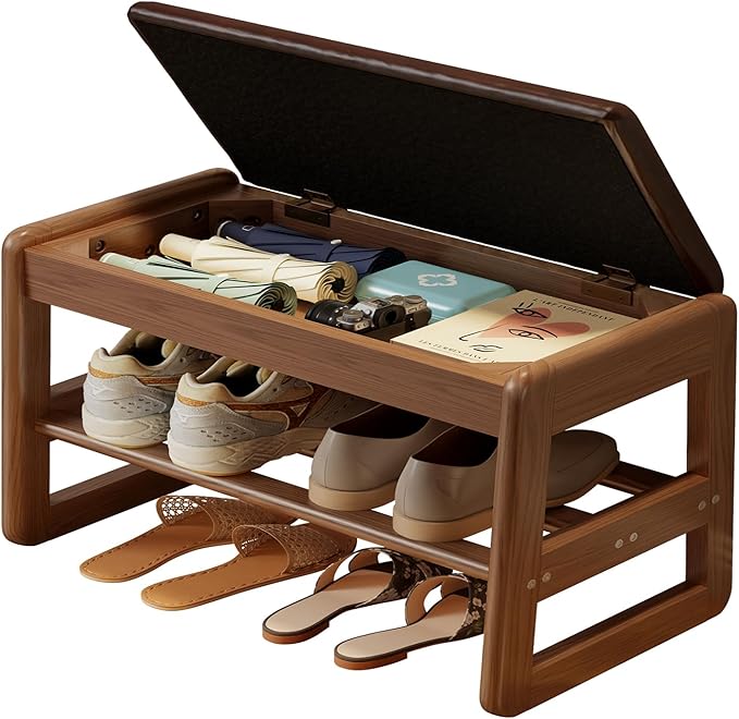 Small Shoe Bench with Leather Cushion,2 Tiers Shoe Rack Bench with Flip-Top Storage,Wood Shoe Rack for Entryway（Walnut,23.62"）