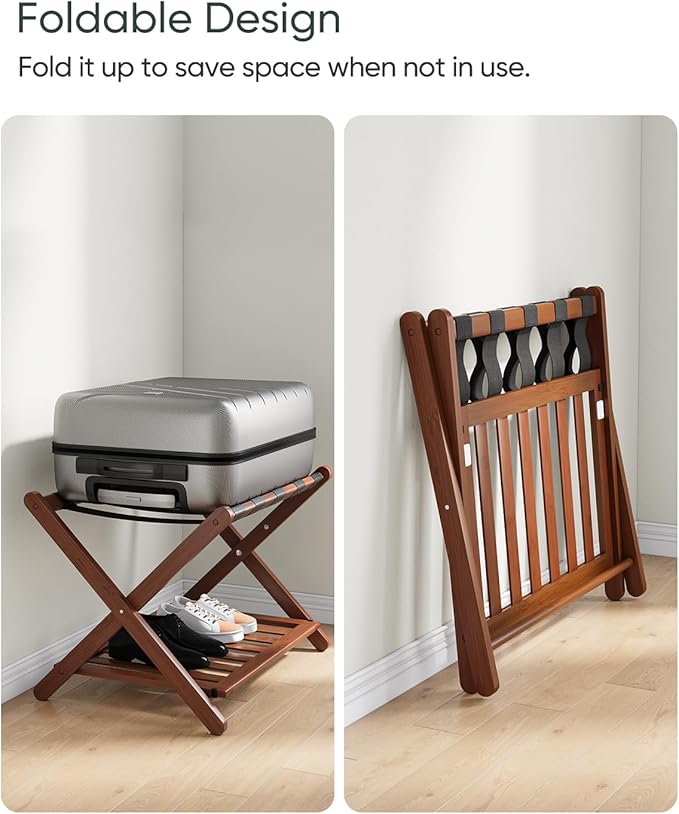 Fully Assembled Walnut Bamboo Luggage Rack with Shoe Shelf, Folding Suitcase Stand with 5 Heavy-Duty Straps, Large Wooden Luggage Holders for Guest Room, Ideal for Bedroom, Hotel