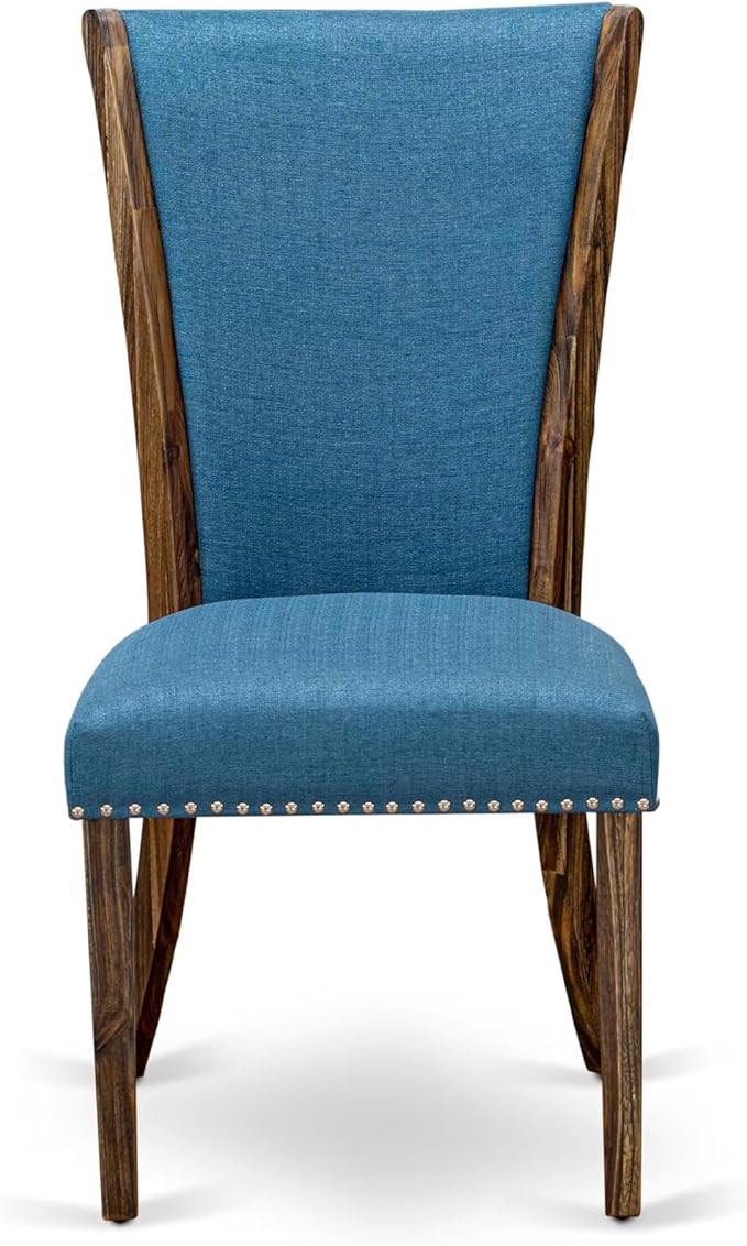 East West Furniture V777VE721-7 7 Piece Dining Room Table Set Consist of a Rectangle Dining Table with V-Legs and 6 Blue Color Linen Fabric Upholstered Chairs, 40x72 Inch, Multi-Color