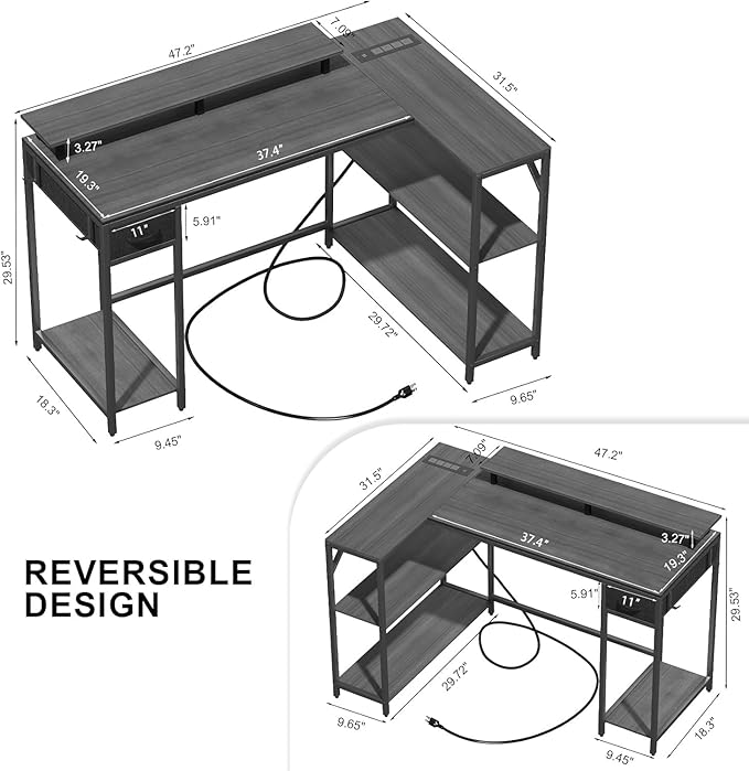 47" L Shaped Computer Desk with Power Outlet & LED Light, Gaming Desk with Hook & Monitor Stand, Reversible L Shaped Desk with Drawer and Storage Shelves for Home Office