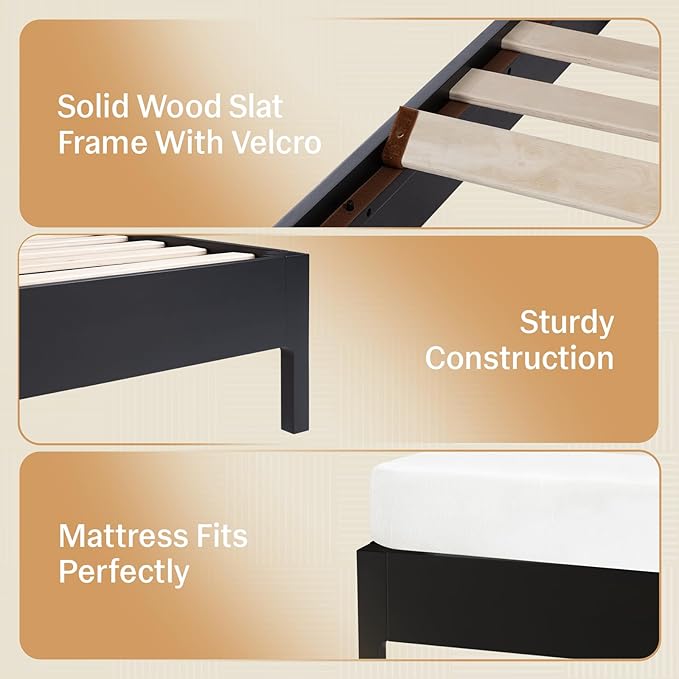 Bme Madia King Size Bed Frame and Headboard, Sophisticated Mid-Century Style with Fluted Pattern, 800lbs Weight Support, Crafted from Durable Acacia Wood Slats, Simple Assembly, Sleek Black Finish