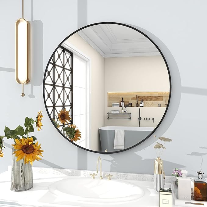 BEAUTYPEAK 30 Inch Round Mirror, Metal Frame Circle Mirror, Wall Mounted for Entryway, Bathroom, Vanity, Living Room, Black