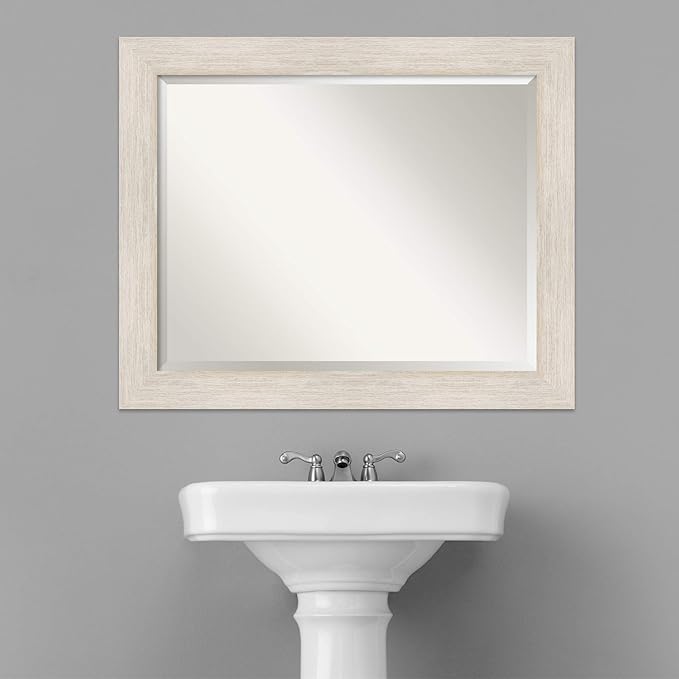 Amanti Art White Bathroom Mirror for Over Sink, 27x33 Hardwood White Wash Rectangle Vanity Mirror, Large Rustic Farmhouse Wood Frame, Hangs Horizonally and Vertically, Bathroom Wall Decor, Beveled