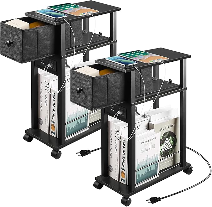 Side Table Set of 2,Side Table with Charging Station and Drawer, Narrow End Table with USB Ports and Outlets for Small Space, Living Room, Bedroom and Office, with 4 Wheels