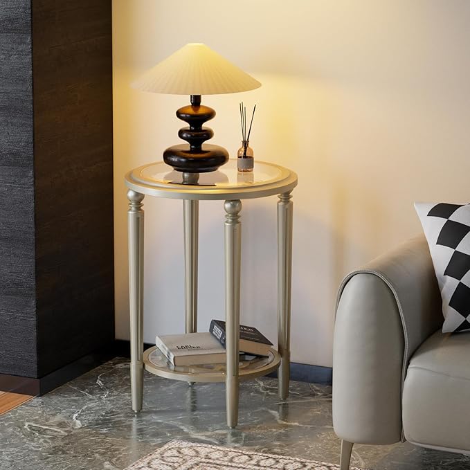 COSIEST Round Side Table, End Table Glass with Wood Frame, Champagne Gold Bedside Table with Modern Style for Living Room, Balcony, Bedroom