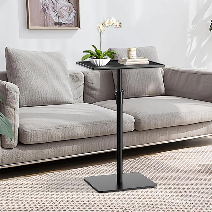 RCHYFEED Metal End Table, Height Adjustable Side Tables Living Room, Small Side Table for Small Spaces with Matte Black Tray, Square Drink Coffee Tables Sofa Table for Bedroom, Sofa Tray Table Indoor