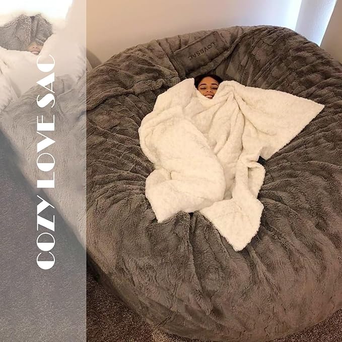 BCU Oversized Bean Bag Cover Comfy Beanbag Chair for Adults Without Filler Faux Fur Floor Chair Lazy Sofa Cover Comfy for Living Room Chairs, Silver Red, 5FT