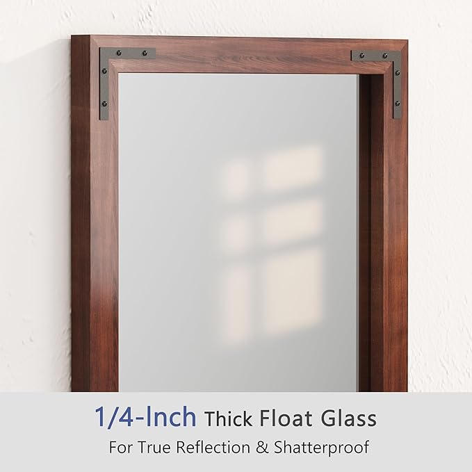 VocalStar Rustic Wood Framed Mirror 24 x 32 Inch, Natural Dark Brown Wooden Rectangle Bathroom Vanity Wall Mirror for Farmhouse Boho Decor, 1/4-inch Shatterproof Glass | Waterproof