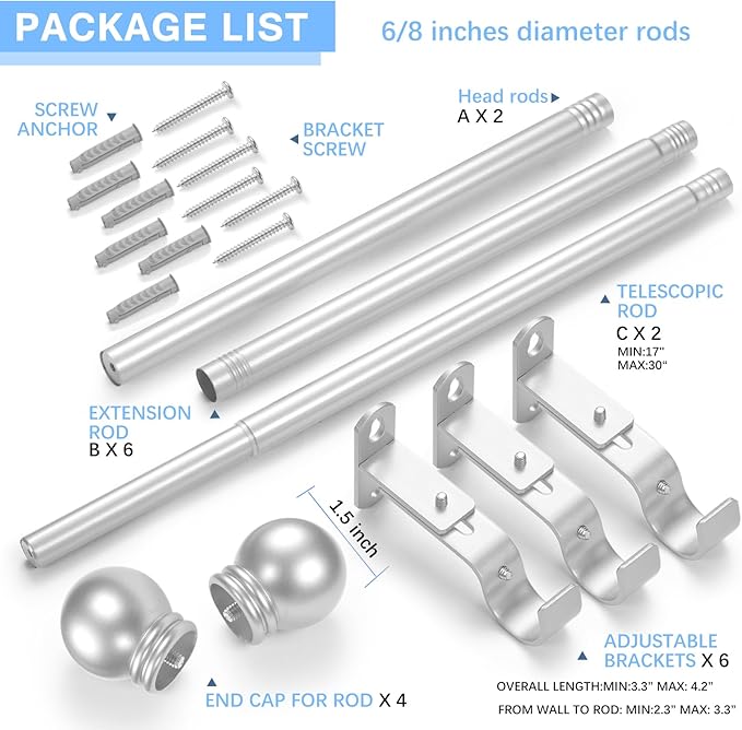 Curtain Rods for Windows 16 to 76 Inches, Curtain Rod Max Adjustable Length of 88 IN, 6/8" Diameter Drapery Rods Round Finials, Satin Silver, Pack of 2
