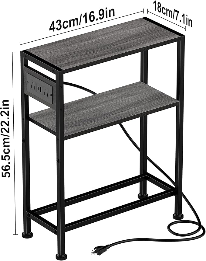 Small Narrow Side Table with Charging Station, Skinny End Table for Small Spaces, Slim Nightstand with Outlets, Sofa Bedside Table in Living Room, Bedroom, Study, Kitchen and Balcony(Grey)