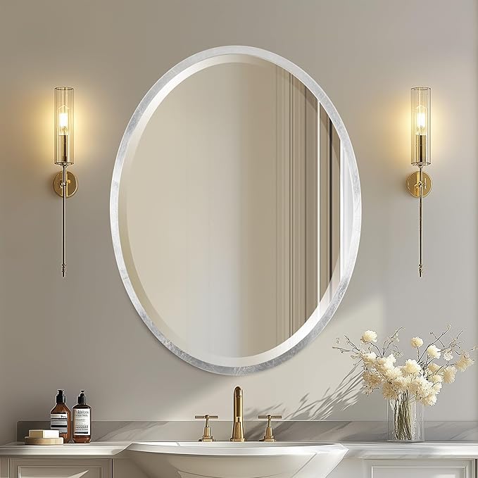 OVALCREST - Oval Wooden Beveled Wall Mirror for Home Decor, Bathroom, Vanity, Bedroom, Living Room, Hallway - London Style (Silver Leaf with Brown Antique) 21.1 x 25.1