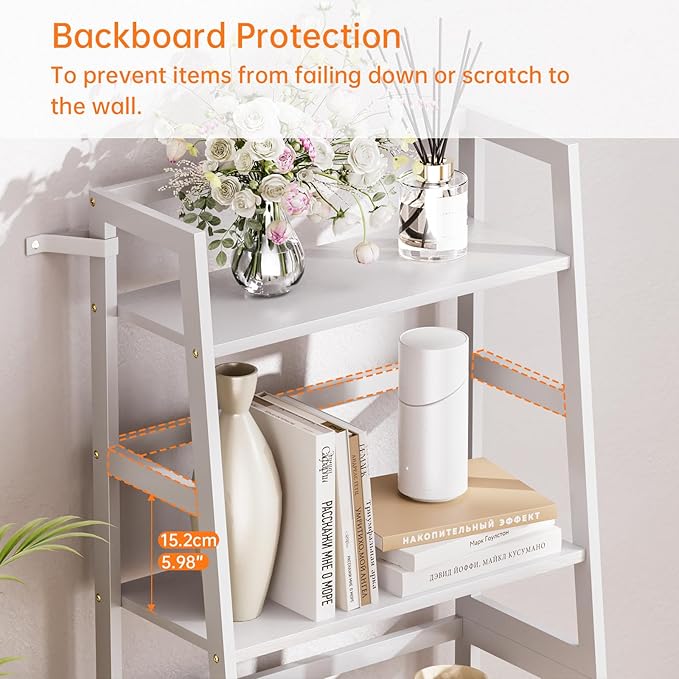 HITNET Ladder Shelf, 4 Tier Bookshelf, Floor Standing Bathroom Storage Rack with Bamboo Frame, Home Office Open Display Bookcase, White