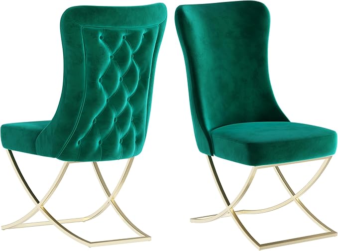 Ottomanson Royal Dining Chairs Set of 2 – Upholstered Tufted Microfiber, Assembled, Gold Metal Legs, Beech Wood Frame, 350 lb Capacity, Green