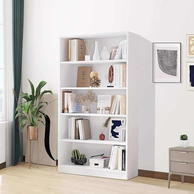 Wooden Bookshelf with Adjustable Shelves, 5 Tier Tall Bookcase for Living Room, Office or Small Spaces,Heavy Dute Bookshelves Storage Organizer, Manga Bookshelf for Collectors,60 Inch,White