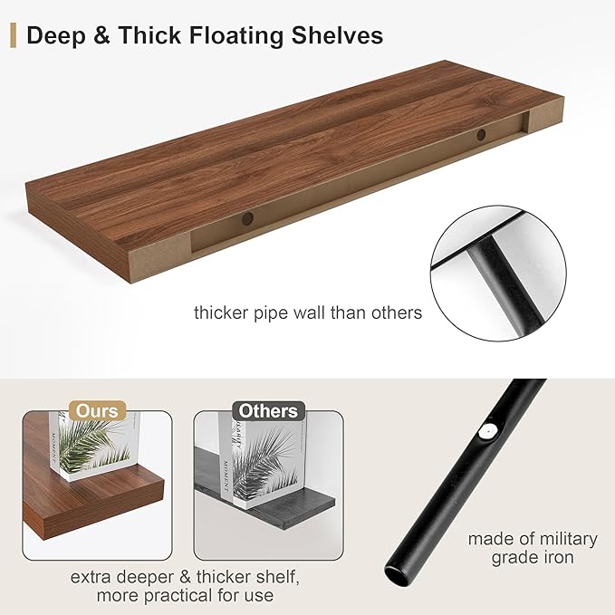 Heimlove Walnut Bathroom Shelves Floating Shelves for Wall Shelf Over Toilet Long Wall Mounted Modern Farmhouse,48 x 12 Wall Shelves with Invisible Brackets for Living Room, Kitchen, Bedroom