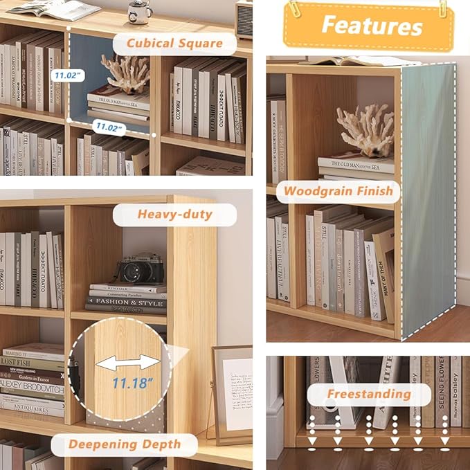 6 Cube Organizer Bookcase - Fabric Storage Bins Container, Open Shelf Simple Compartments Bookshelf, Oak