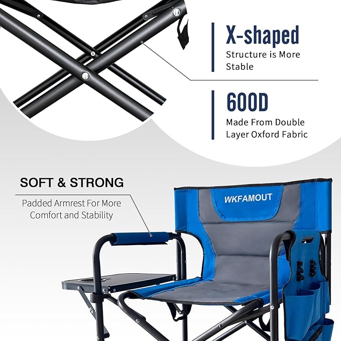 Tall Folding Directors Chair with Side Table 26.77" Seat Height Foldable Camping Chair Bar Stool for Makeup Artist Face Painting with Footrest and Storage Pocket Supports 350LBS